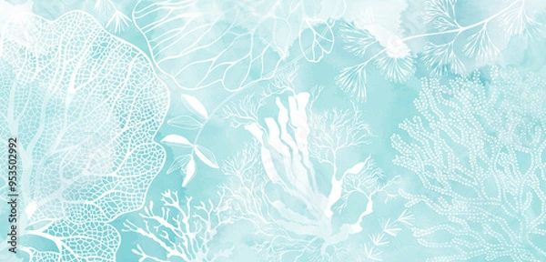 Obraz Art sea background. Luxury design with seaweed and  watercolor splash. Template design for text, packaging, prints, layout decorative greeting card or invitation design background. 
