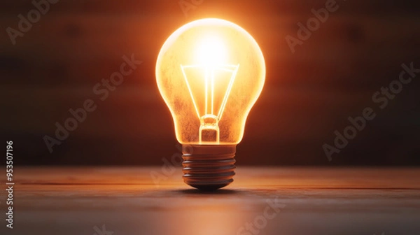 Fototapeta A glowing light bulb illuminating a wooden surface, symbolizing creativity, innovation, and bright ideas.