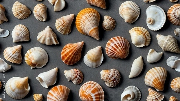 Fototapeta collection of various small seashells on gray aesthetic background