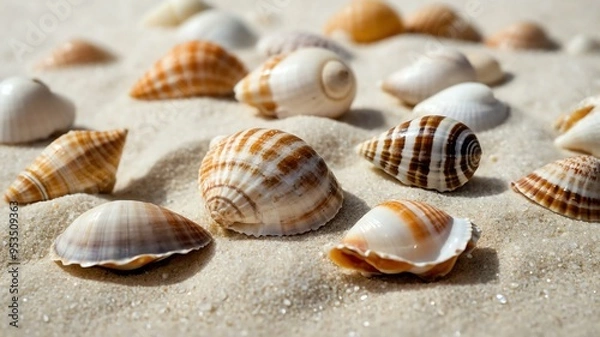 Fototapeta collection of various small seashells on  white aesthetic background