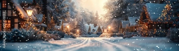 Fototapeta Enchanting winter scene featuring snow-covered cottages, glowing lights, and serene atmosphere, perfect for holiday inspiration.