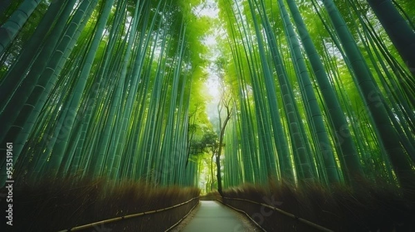 Fototapeta A serene bamboo forest path, where tall, slender stalks of bamboo rise up on either side, their green leaves creating a gentle rustling sound in the breeze. Sunlight filters through the dense 