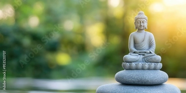 Obraz Buddha statue perched atop a rock in an impeccably lush bamboo jungle with a silky water surface