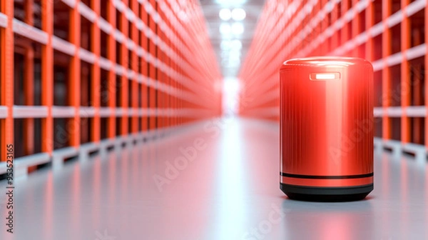 Fototapeta A vibrant red trash can stands alone in a modern storage facility with rows of organized shelves in the background.