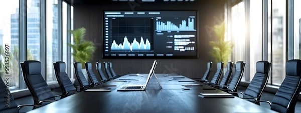 Fototapeta A high-tech conference room with an interactive touchscreen displaying digital marketing data, surrounded by sleek black chairs and a large wooden table, set against gray walls