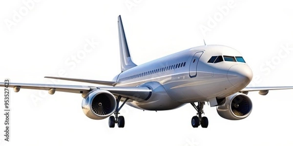 Fototapeta Typical airplane isolated on background, aircraft, flying, transportation, travel, commercial, aviation, jet, wings, sky