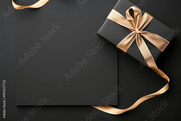 Obraz Elegant black gift box with gold ribbon and blank card on dark background, perfect for special occasions and celebrations.