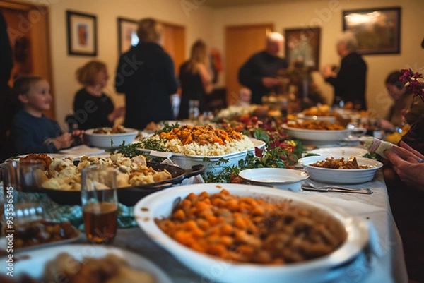 Fototapeta A Thanksgiving meal set on a beautifully decorated table, symbolizing the warmth and togetherness of a family reunion