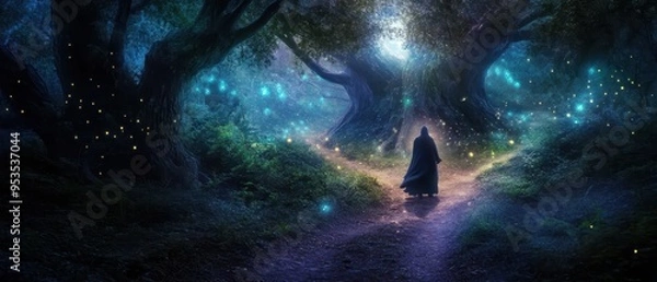 Fototapeta Enchanted Forest Path with Mysterious Cloaked Figure and Glowing Fireflies at Night