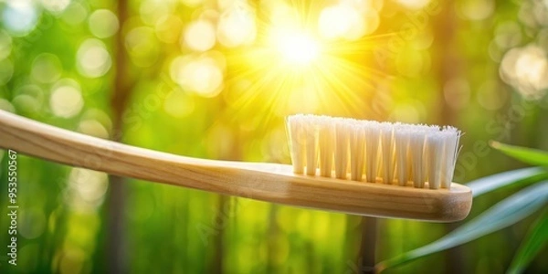 Fototapeta Close up view of bamboo toothbrush with toothpaste under sunlight, bamboo, toothbrush, toothpaste, eco-friendly
