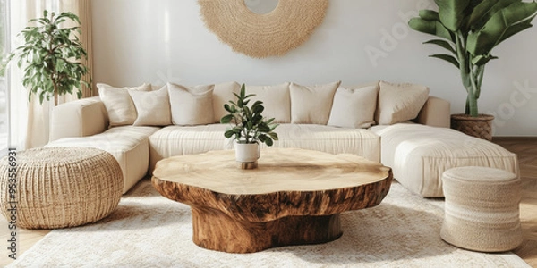 Obraz Boho Living Room with Live Edge Coffee Table and Beige Sofa
