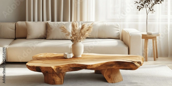 Obraz Boho Living Room with Live Edge Coffee Table and Beige Sofa