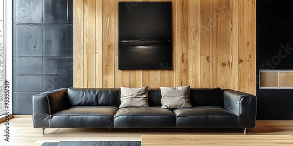 Obraz Minimalist Modern Living Room with Black Sofa and Wooden Paneling Wall