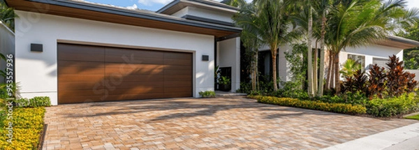 Obraz Modern Miami Home with Brick Driveway, Palm Trees, and White-Brown Garage Door