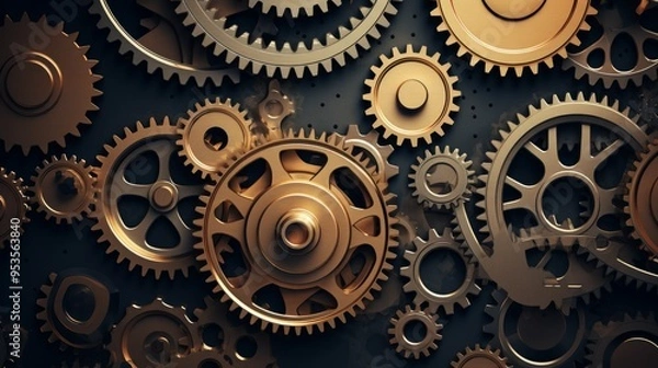 Fototapeta Vintage metal gears or cogs on dark background. Neural network ai generated art