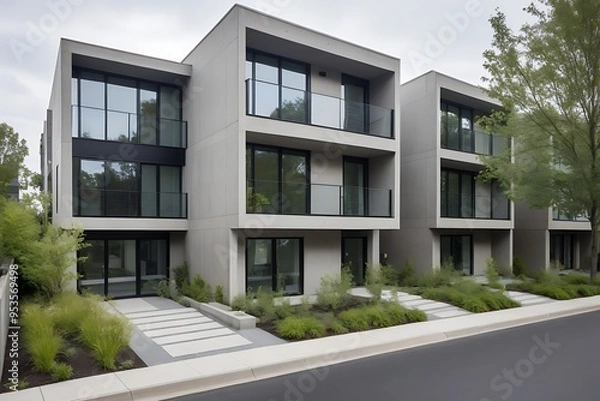 Fototapeta Contemporary architecture in a multifamily building with multiple units, glass windows, and concrete design, set on a tree-lined street