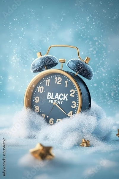 Fototapeta Black Friday countdown, Christmas clock and snow, 3D illustration