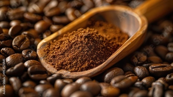 Obraz Fresh coffee beans and powder scoop