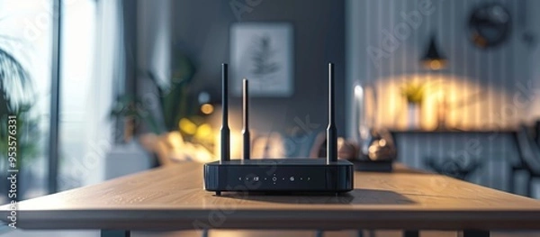 Obraz Modern Wireless Router on Wooden Table in Bright Home Interior