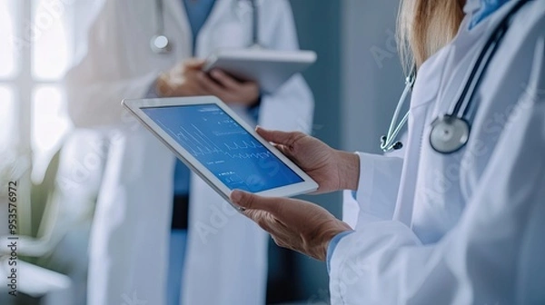 Fototapeta Doctor consulting with a patient using a tablet to discuss test results and progress, highlighting trust and medical expertise