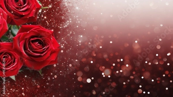 Fototapeta Noble red roses with bright bokeh for a valentines day background. Neural network ai generated art