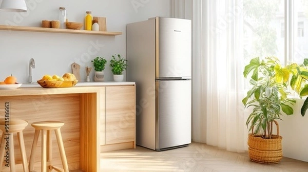 Obraz A compact refrigerator in a sleek, modern apartment kitchen