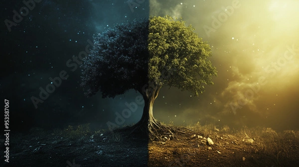 Obraz Dramatic tree dividing day and night