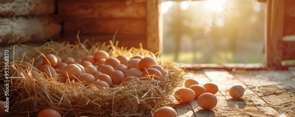Obraz Fresh eggs in a nest at sunset