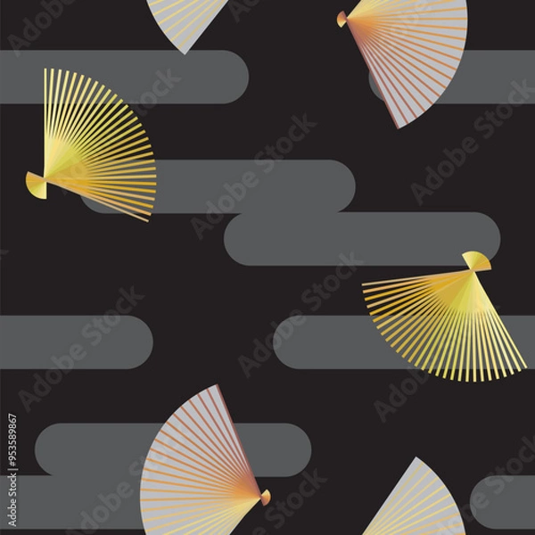 Obraz シームレスな和風の壁紙　扇と雲（宵）