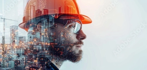 Obraz Construction worker looking at digital data overlay