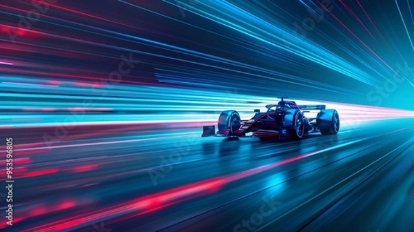 Fototapeta A modern single-seater racing car zooms along a track with dynamic light streaks illustrating high speed and technology