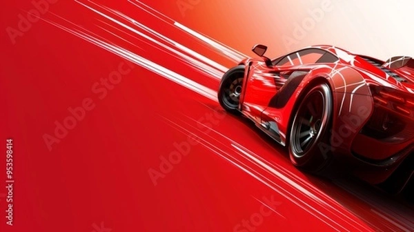 Fototapeta A high-speed red sports car is captured on a striking red background with motion blur effects, symbolizing speed and luxury