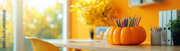 Fototapeta Desk with a pumpkin shaped desk organizer holding pens, pencils, and office supplies