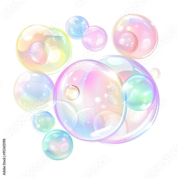 Fototapeta Colorful soap bubbles isolated on a white background, vector illustration design with pastel rainbow colors