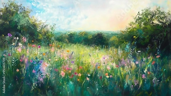 Obraz beautiful spring windflower meadow, featuring bright sunshine, lush greenery, and an enchanting woodland backdrop, evoking a sense of hope and nostalgia.