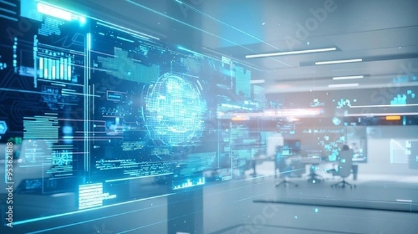 Fototapeta A futuristic office space where a team is brainstorming around a floating 3D hologram, the environment filled with hope and innovative energy