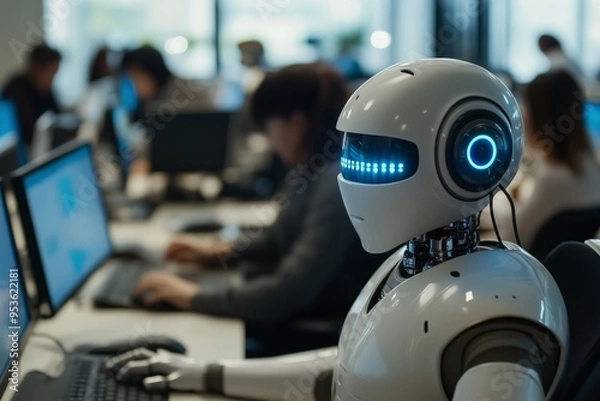 Fototapeta In todays techdriven world, robots are common in offices. They enhance automation, improve collaboration, and boost productivity, making workplaces more efficient and innovative