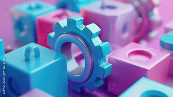 Fototapeta A Shiny Blue Gear Interlocking with Colorful Geometric Shapes