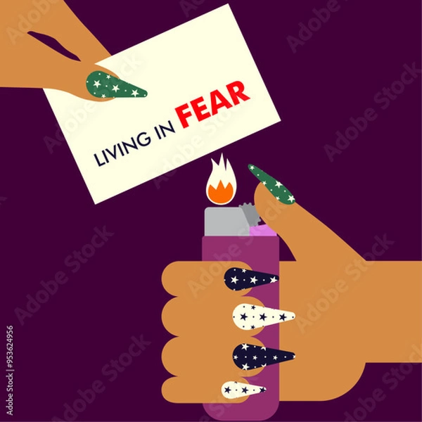 Fototapeta Vector Illustration of a Woman's Hand with Polished Nails Burning 'Living in Fear' Paper