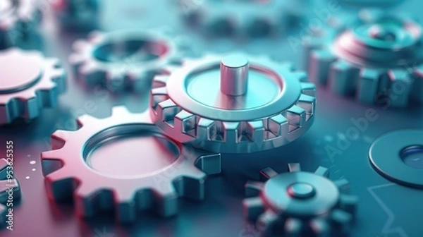 Fototapeta Close-up of Interlocking Metallic Gears with a Blue and Pink Hue
