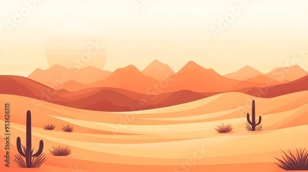 Fototapeta A flat illustration of the desert, featuring a gradient background with a large sun in the upper left corner and sand dunes in shades of orange and brown