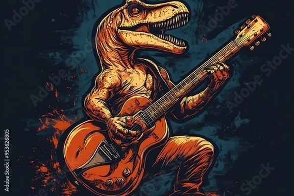 Fototapeta Rocking Dinosaur - Detailed Vector Art T-shirt Design with Guitar Playing Dino, Perfect for Printing