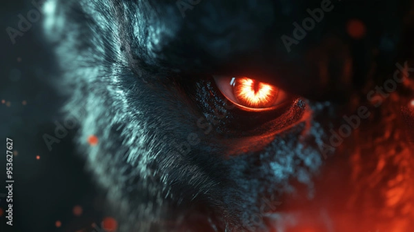 Fototapeta A close-up of a werewolfÃ¢ÂÂs eyes glowing in the darkness, with sharp teeth visible in a snarl.