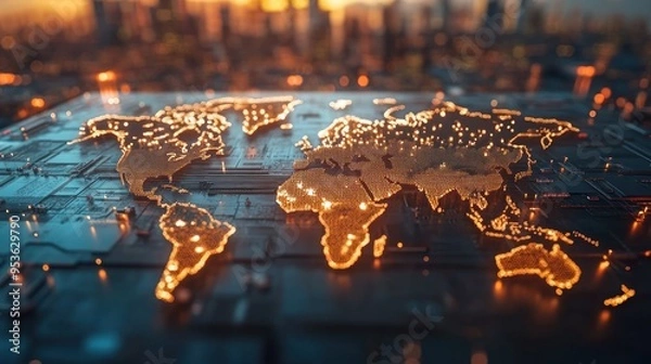Fototapeta A Stunning Abstract Representation of Global Economic Policy Impact Through a Glowing World Map and Electronic Background in Transition