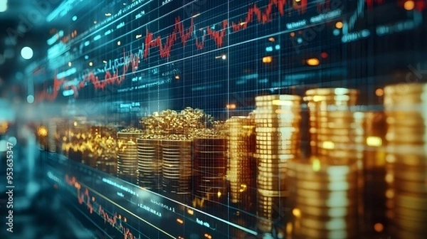 Fototapeta Commodity Prices: A chart with icons of oil, gold, and food commodities, showing the fluctuation of global commodity prices.