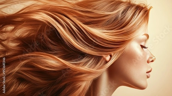 Fototapeta Flowing, lively hair with loose waves set against a soft beige background, capturing movement and vitality in a dynamic studio shot.