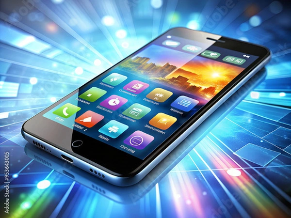 Fototapeta Smartphone turned on with square icons on blue neon background