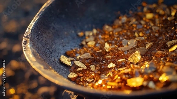 Fototapeta Detailed macro shot of gold nuggets and ore fragments in a mining pan with a focus on texture and color revealing the essence of gold mining