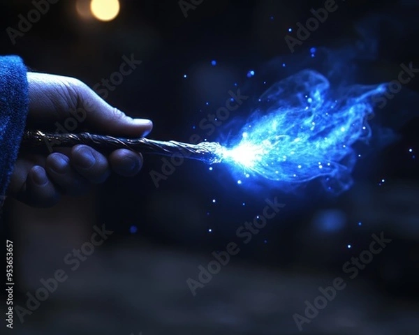 Fototapeta Mesmerizing Magic Show with a Twist Witness a Wand Ignite with Enchanting Blue Flames, a Spectacle of Wonder and Illusions