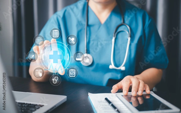 Fototapeta Virtual education in medicine is revolutionized by technology, allowing people to learn from convenience of computers with icons and backgrounds enhancing business of knowledge at fingertips.